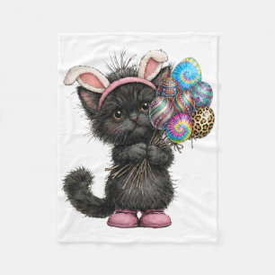 Cute Black Cat Easter Bunny Ears Eggs Easter Day W Fleece Blanket