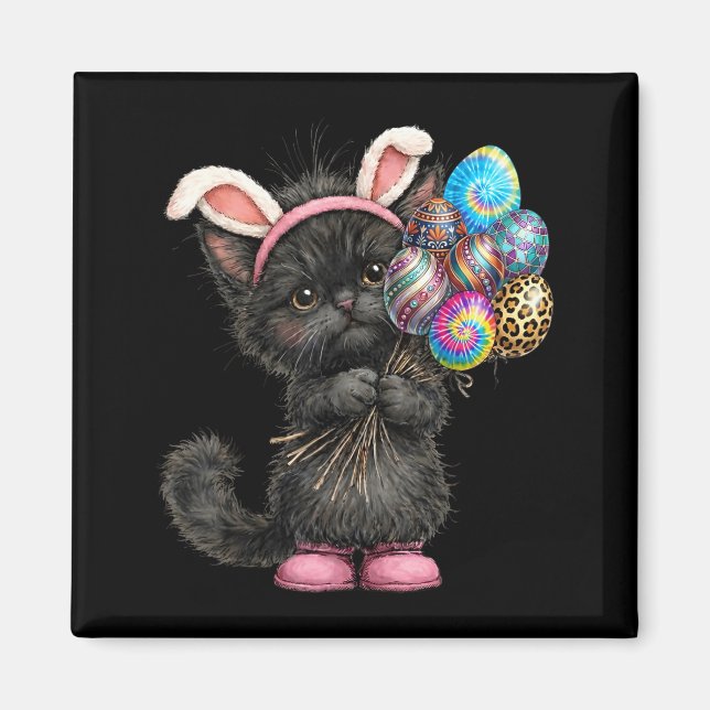 Cute Black Cat Easter Bunny Ears Eggs Easter Day W Magnet (Front)