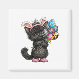 Cute Black Cat Easter Bunny Ears Eggs Easter Day W Magnet