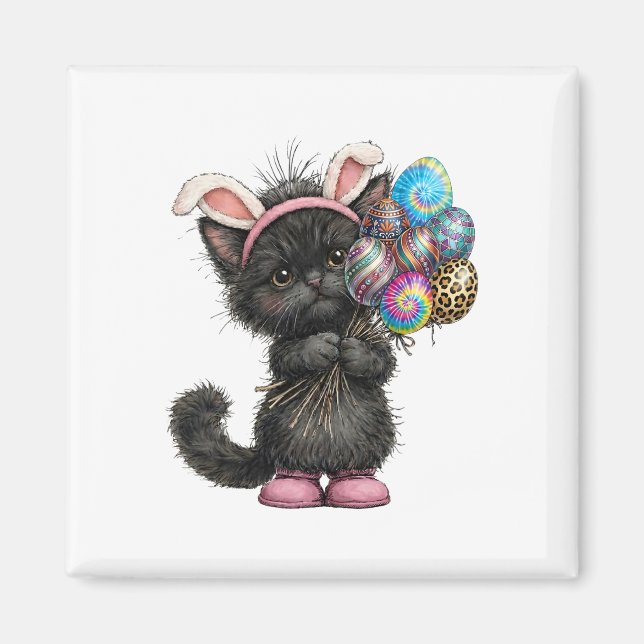 Cute Black Cat Easter Bunny Ears Eggs Easter Day W Magnet (Front)