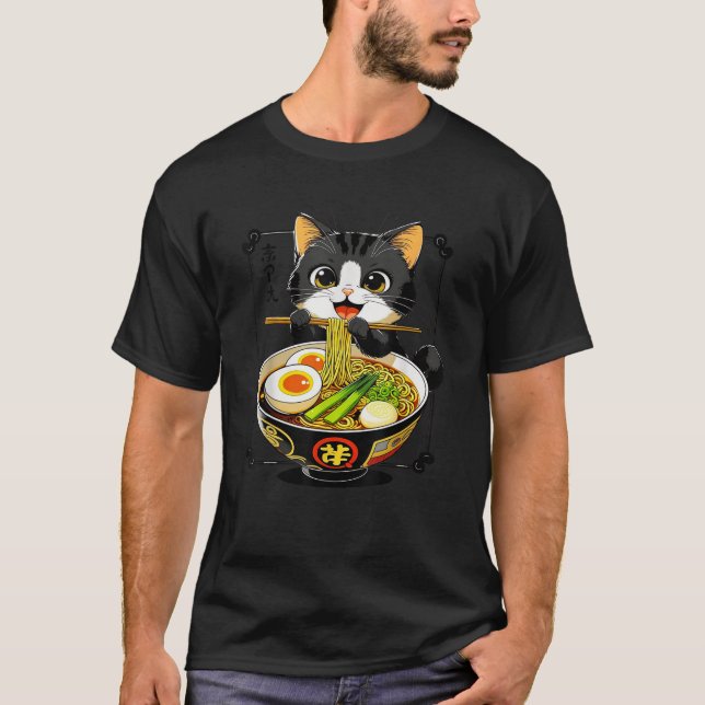 Cute Black Cat Eating Ramen Noodles Lover Japanese T-Shirt (Front)