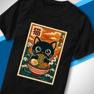 Cute Black Cat Eating Ramen Retro Japanese Wave T-Shirt