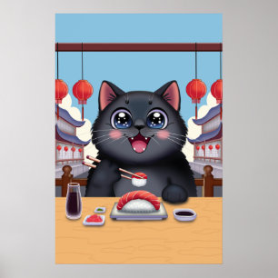 Cute Black Cat Eating Sushi Japan Kawaii Poster