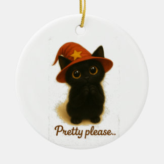 Cute Black Cat Emi Begging Pose – Kawaii Witch Hat Ceramic Ornament