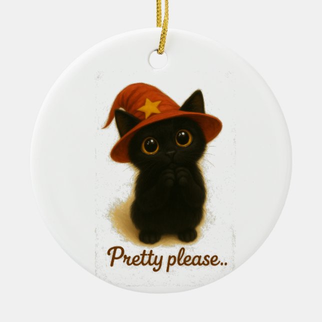 Cute Black Cat Emi Begging Pose – Kawaii Witch Hat Ceramic Ornament (Front)