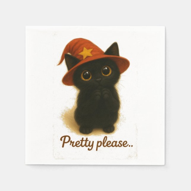 Cute Black Cat Emi Begging Pose – Kawaii Witch Hat Napkin (Front)
