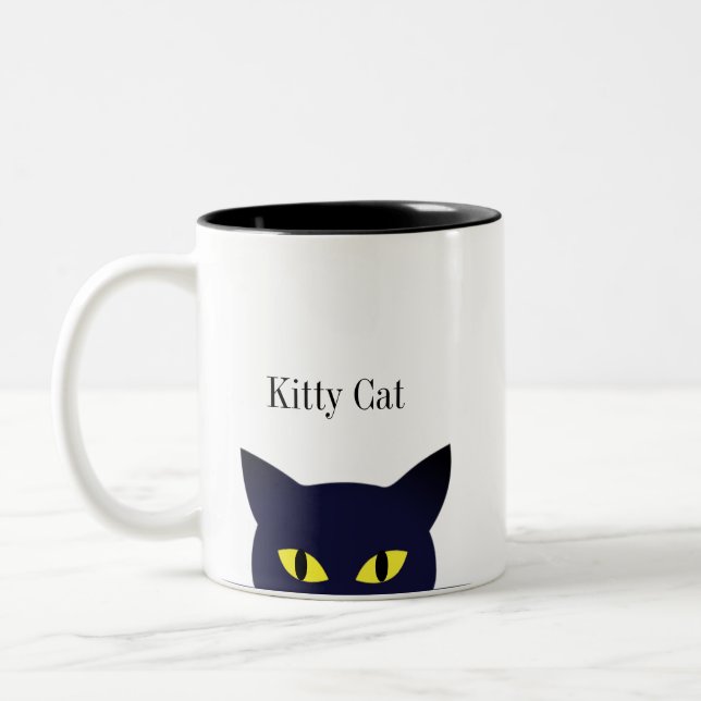 Cute black cat face & calligraphy Two-Tone coffee mug (Left)