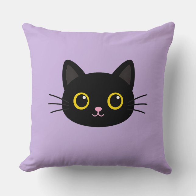 Cute Black Cat Face Throw Pillow – Lavender Cat Ca (Front)