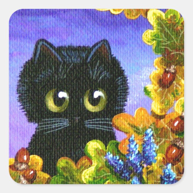 Cute Black Cat Fall Leaves Creationarts Square Sticker (Front)