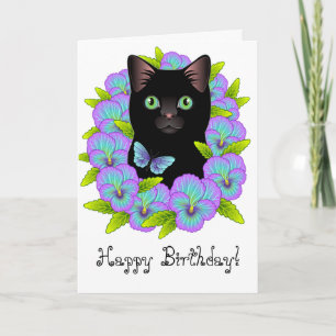 Cute Black Cat Floral Magic Happy Birthday card