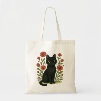 Cute Black Cat Floral Tote Bag