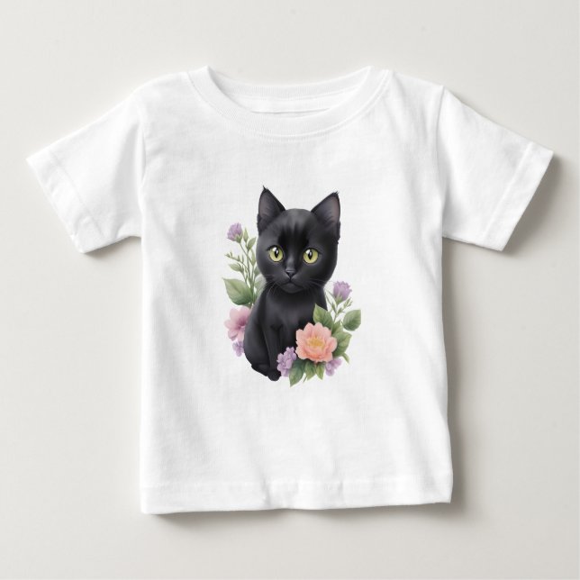Cute Black Cat Floral Whimsical  Baby T-Shirt (Front)