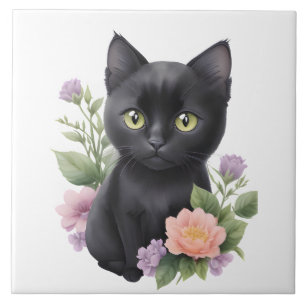 Cute Black Cat Floral Whimsical Ceramic Tile