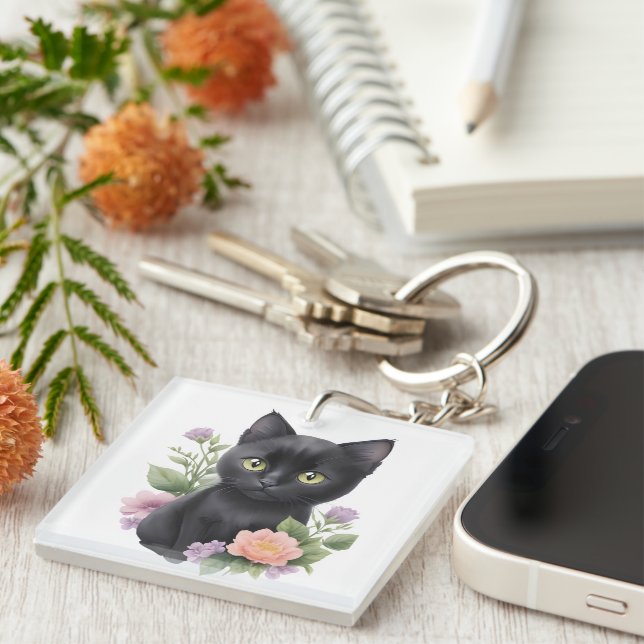 Cute Black Cat Floral Whimsical  Key Ring (Front Right)