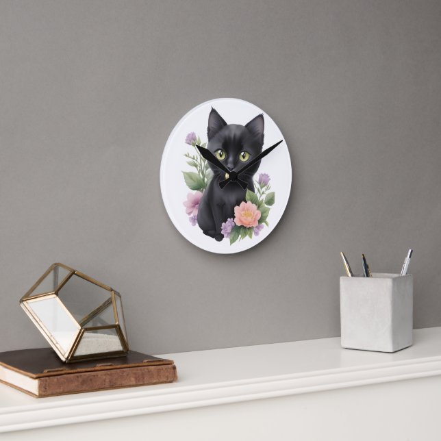 Cute Black Cat Floral Whimsical  Round Clock (Office)