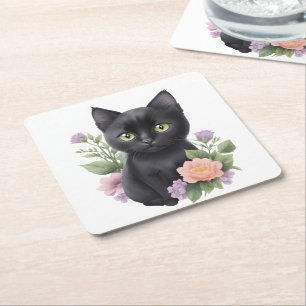 Cute Black Cat Floral Whimsical Square Paper Coaster