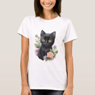 Cute Black Cat Floral Whimsical  T-Shirt