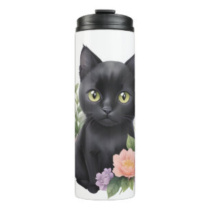 Cute Black Cat Floral Whimsical  Thermal Tumbler