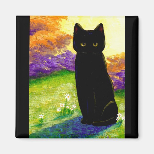 Cute Black Cat Flowers Funny Creationarts Magnet (Front)