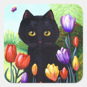 Cute Black Cat Flowers Tulips Creationarts Square Sticker