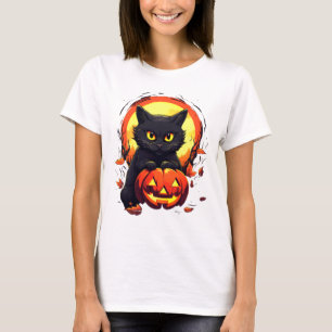 Cute Black Cat Full Moon Pumpkin Modern Halloween T-Shirt