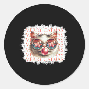 Cute Black Cat Funny Meowy Christmas Light Xmas Ho Classic Round Sticker