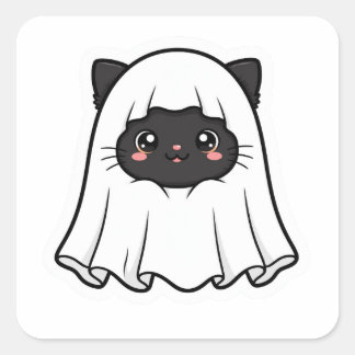 Cute Black Cat Ghost Halloween Kawaii Square Sticker