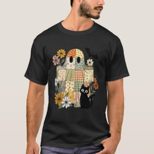 Cute Black Cat Ghost Patchwork Halloween Costume W T-Shirt