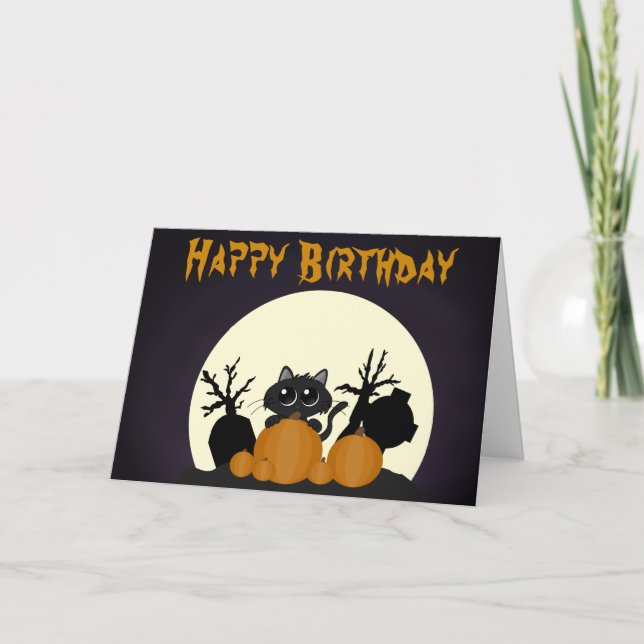 Cute Black Cat Graveyard Halloween Birthday Card (Front)