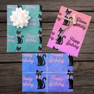 Cute Black Cat Green Eyes Bow Happy Birthday Wrapping Paper Sheet