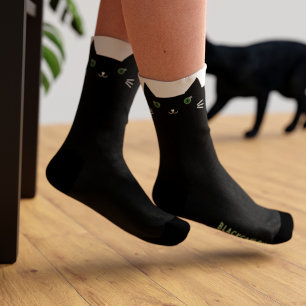 Cute Black Cat Green Eyes Personalised Socks
