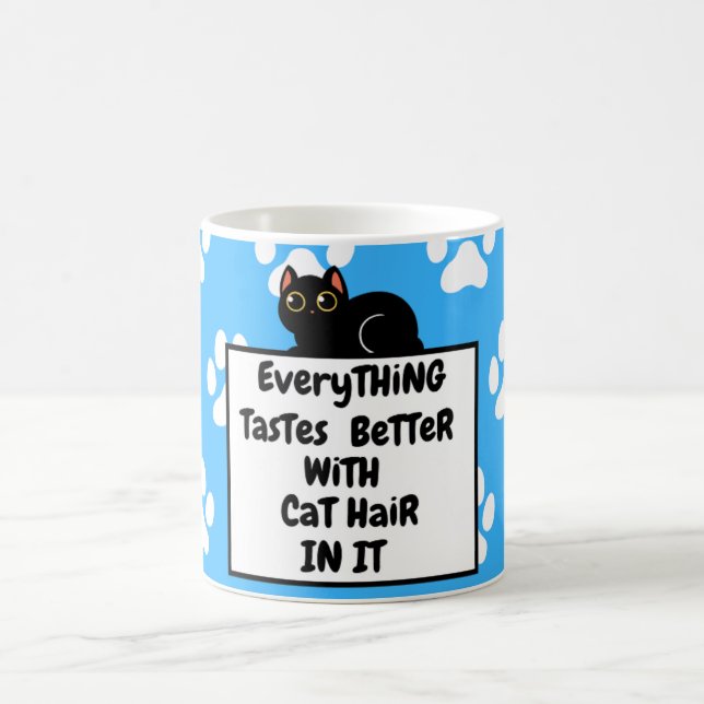 Cute Black Cat Hair Light Blue Background Coffee Mug (Center)