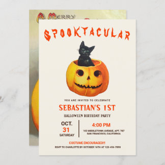 Cute Black Cat Halloween Birthday Invitation