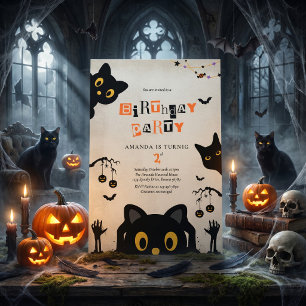 Cute Black Cat Halloween Birthday Invitation