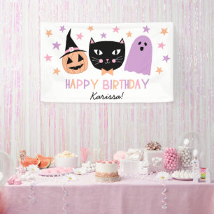 Cute Black Cat Halloween Birthday Name Banner
