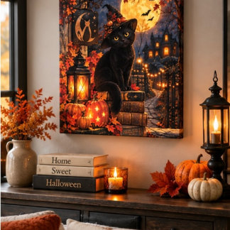 Cute Black Cat Halloween Canvas Wall Art