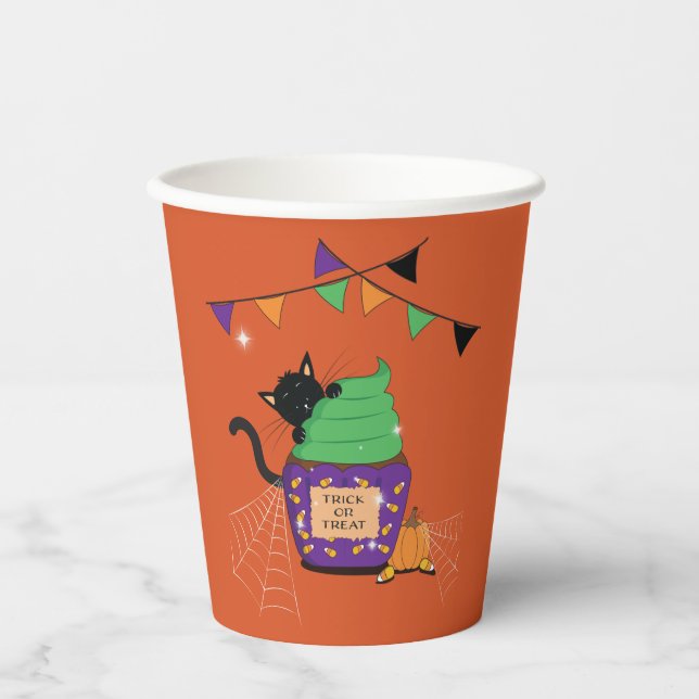 Cute Black Cat Halloween Orange Paper Cup (Front)