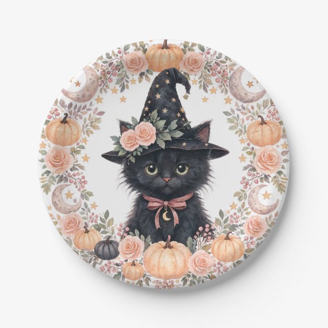 Cute Black Cat Halloween Paper Plates (Front)