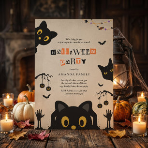 Cute Black Cat Halloween Party Invitation