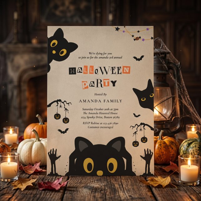 Cute Black Cat Halloween Party Invitation (Creator Uploaded)