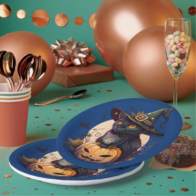 Cute Black Cat Halloween Party Invitation Paper Plate (Multi)