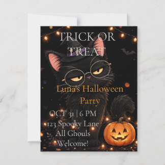 Cute Black Cat Halloween Party Invitation | Trick