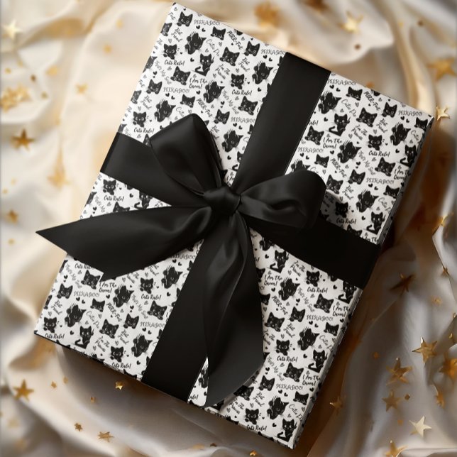 Cute Black Cat Halloween Pattern for Cat Lovers Wrapping Paper (Cute Black Cats and Sayings with Hearts Pattern Wrapping Paper for Cat Lovers and Halloween)