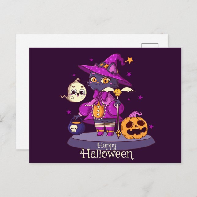 Cute Black Cat Halloween Postcard (Front/Back)