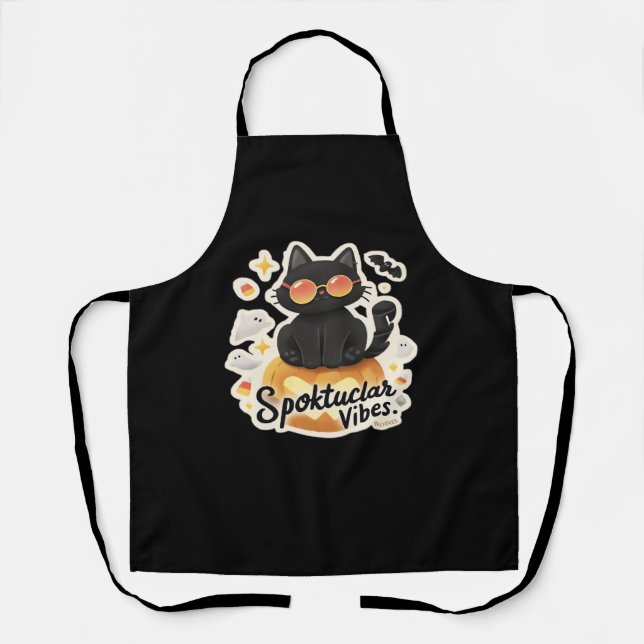 Cute Black Cat Halloween Pumpkin Oversized T-Shirt Apron (Front)