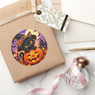 Cute Black Cat Halloween Pumpkin Witch Hat Classic Round Sticker