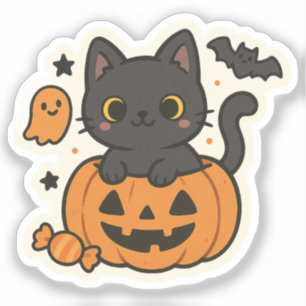 Cute Black Cat Halloween Sticker – Kawaii Pumpkin