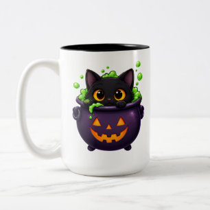 Cute Black Cat Halloween Sticker Kawaii Pumpkin Two-Tone Coffee Mug