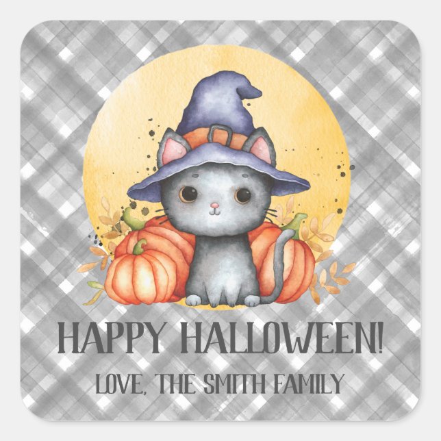 Cute Black Cat Happy Halloween Square Sticker (Front)