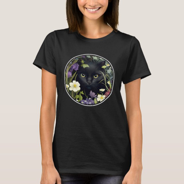 Cute Black Cat Hiding in Spring Flowers Aesthetic  T-Shirt (Front)